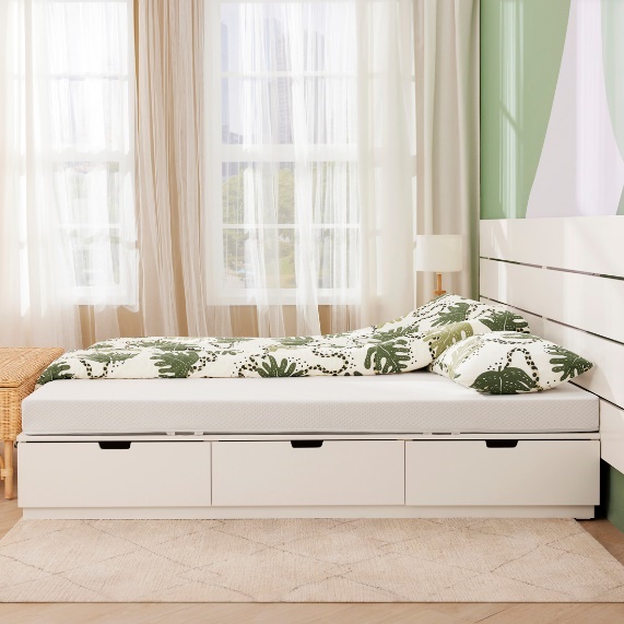 A bed with drawers and a bed frame Description automatically generated with medium confidence